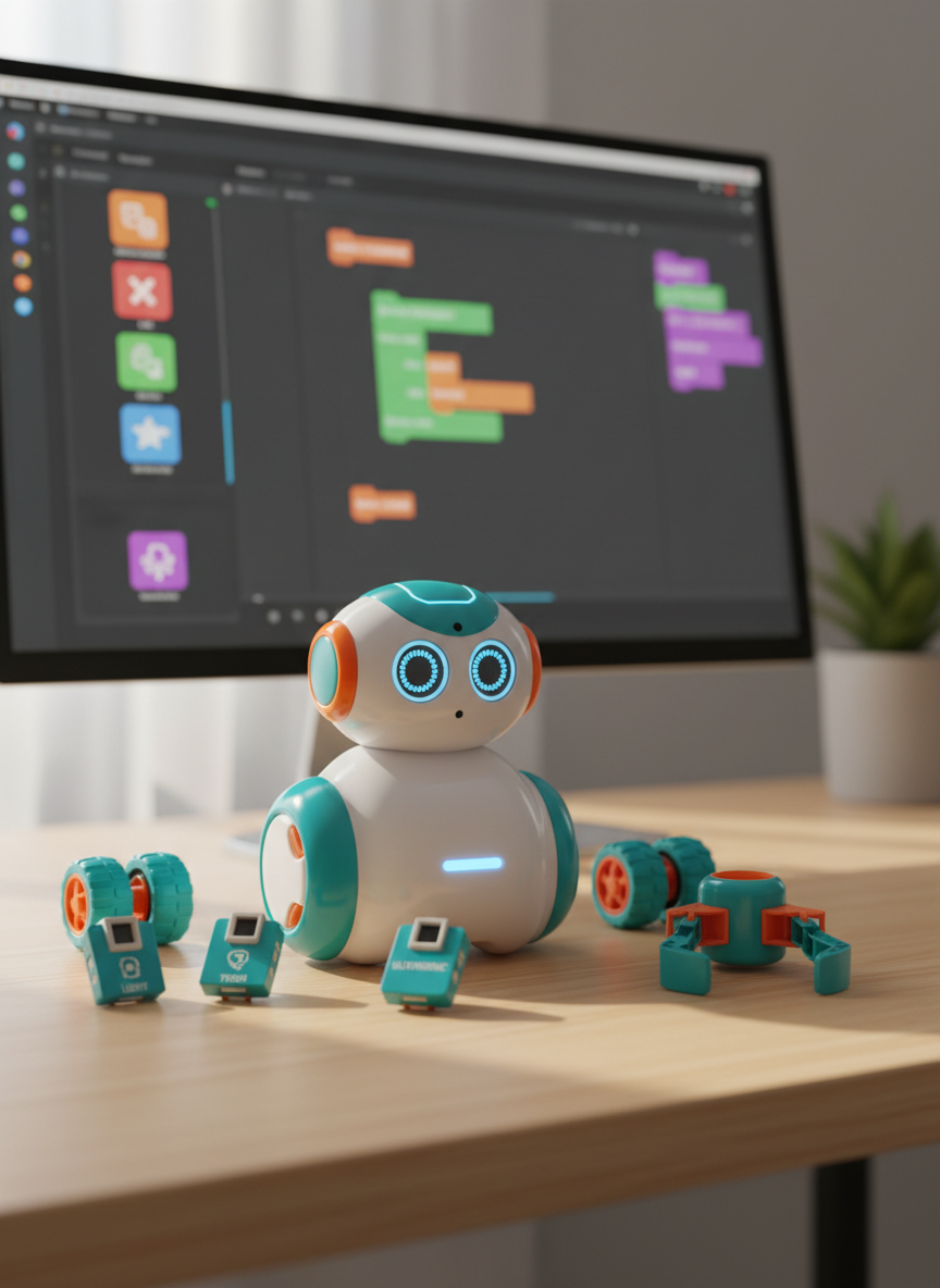 A compact, brightly colored educational robot made of smooth white plastic with teal and orange accents sits at the center of a clean, modern desk. Its LED eyes glow softly as a small array of neatly labeled sensor modules, wheels, and a detachable gripper arm surround it, each resting on a light maple surface. In the background, slightly out of focus, a large computer monitor displays a simple block-based coding interface with vibrant icons. Soft, diffused daylight from an unseen window washes the scene, creating gentle reflections on the robot’s curved shell. Photographic realism at eye level, with a shallow depth of field, conveys a professional yet playful atmosphere, perfect for illustrating kids’ robotics education.