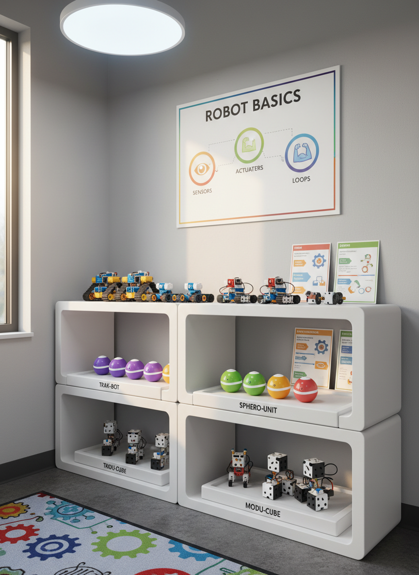 A high-tech yet kid-friendly classroom corner showcases a low white shelving unit lined with different educational robots: tracked robots with rubber treads, compact spherical robots with glossy shells, and modular cube robots connected into creative shapes. Each device rests on labeled trays beside laminated instruction cards and simple schematics. The shelf stands against a matte light-gray wall accented with a bold, colorful poster illustrating basic robotics concepts like sensors, actuators, and loops. Soft overhead LED lighting and gentle side light from a nearby window create crisp but welcoming illumination. Photographic realism with a medium-wide, eye-level composition and sharp focus throughout conveys an organized, professional learning environment tailored for young robotics learners.