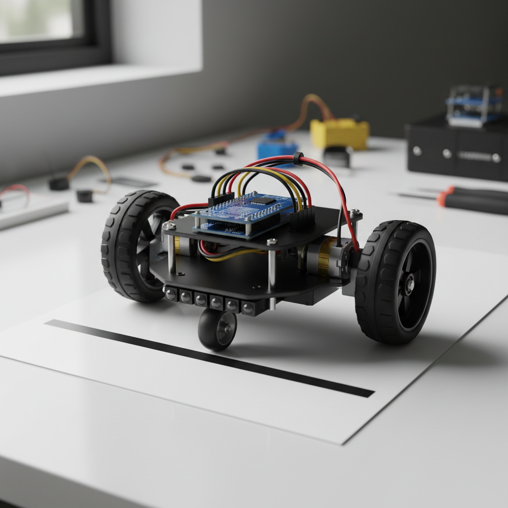 A close-up, photographic realism shot of an assembled line‑following robot on a smooth white tabletop, featuring a matte black chassis, two rubber-tired wheels, a swiveling caster, and an underside row of infrared sensors peeking out beneath. Above, a compact microcontroller board with neatly arranged headers is connected to tidy bundles of red, yellow, and black wires leading to the motors. The robot is positioned over a bold black track line printed on glossy white card stock. Directional side lighting from a nearby window casts defined yet soft shadows, highlighting edges and textures. The background falls into subtle bokeh, hinting at additional sensor modules and tools, creating a focused, professional atmosphere ideal for illustrating specific robotics lessons.