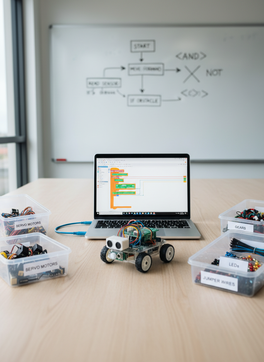 An organized robotics learning station on a wide, pale wooden table features an open laptop showing a colorful block-coding program, connected via a bright blue cable to a small wheeled robot chassis with exposed circuit board, ultrasonic sensor, and neatly routed wires. Around it are transparent bins filled with labeled components—servo motors, gears, LEDs, and jumper wires—arranged with precise order. A large whiteboard in the softly blurred background displays cleanly drawn flowcharts and logic symbols. Cool, even overhead lighting combined with subtle natural light from the side creates a balanced, professional mood. Captured in photographic realism from a slightly elevated angle, the composition emphasizes clarity, structure, and the accessibility of free robotics curriculum resources.